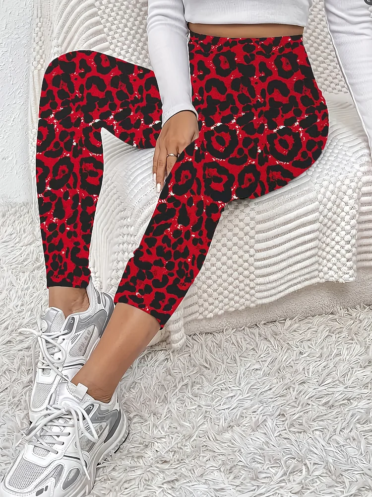 Women's High-Waisted Skinny Pants - Stretchy Non-See-Through Leggings, Red & Black Leopard Print, Slim Fit Pants For, Party, Everyday - Spring/Summer Fashion Essentials, Party Attire, Formfitting Style, Medium Elasticity
