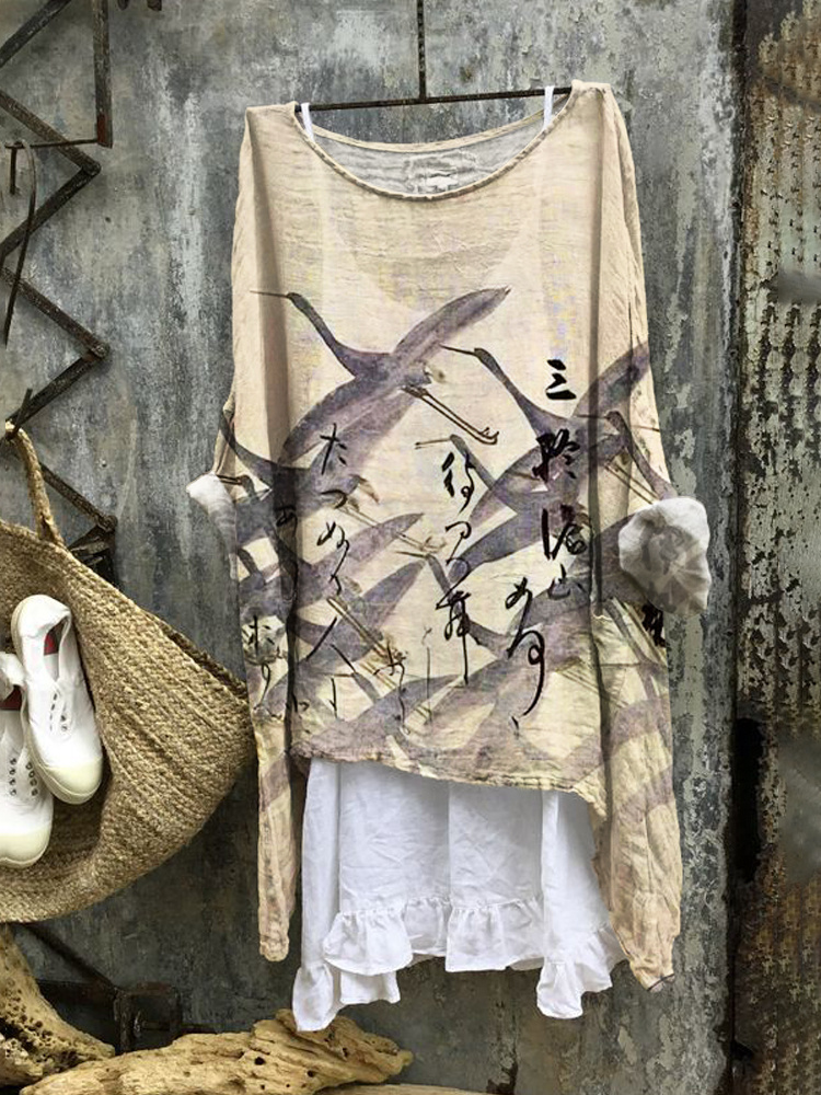 Comstylish Idle Cloud Wild Crane Japanese Linen Blend Flowy Tunic