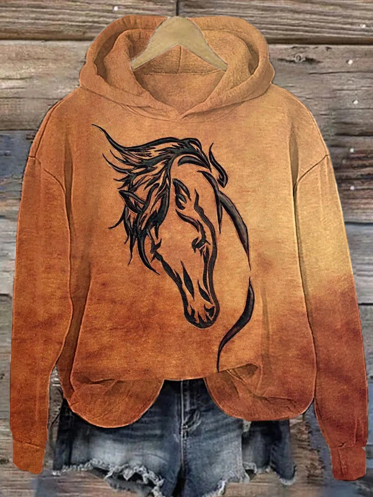 VChics Vintage Western Horse Print Casual Cozy Hoodie