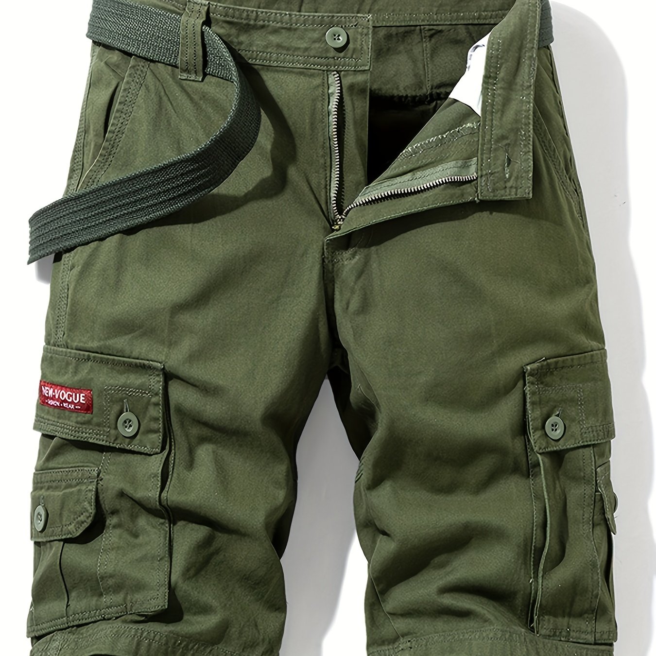 Cotton Army-green Solid Classic Design Casual Multi-pocket Drawstring Cargo Shorts, Men's Clothes For Summer Outdoor