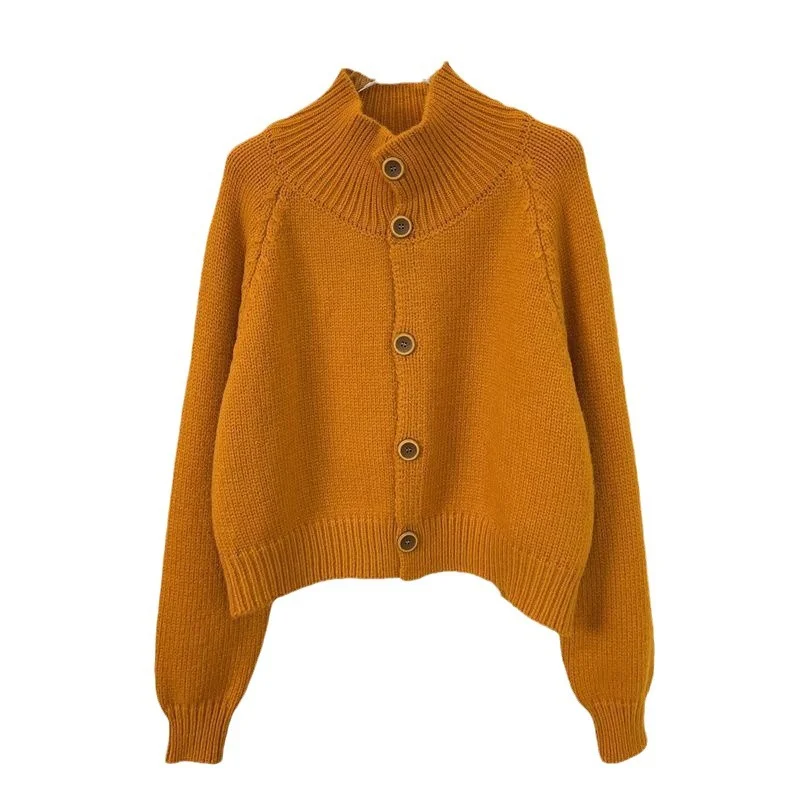 Churchf Churchf Autumn And Winter New Korean Retro Standing Collar Single Row Button Sweater Women's Small Short Knit Cardigan