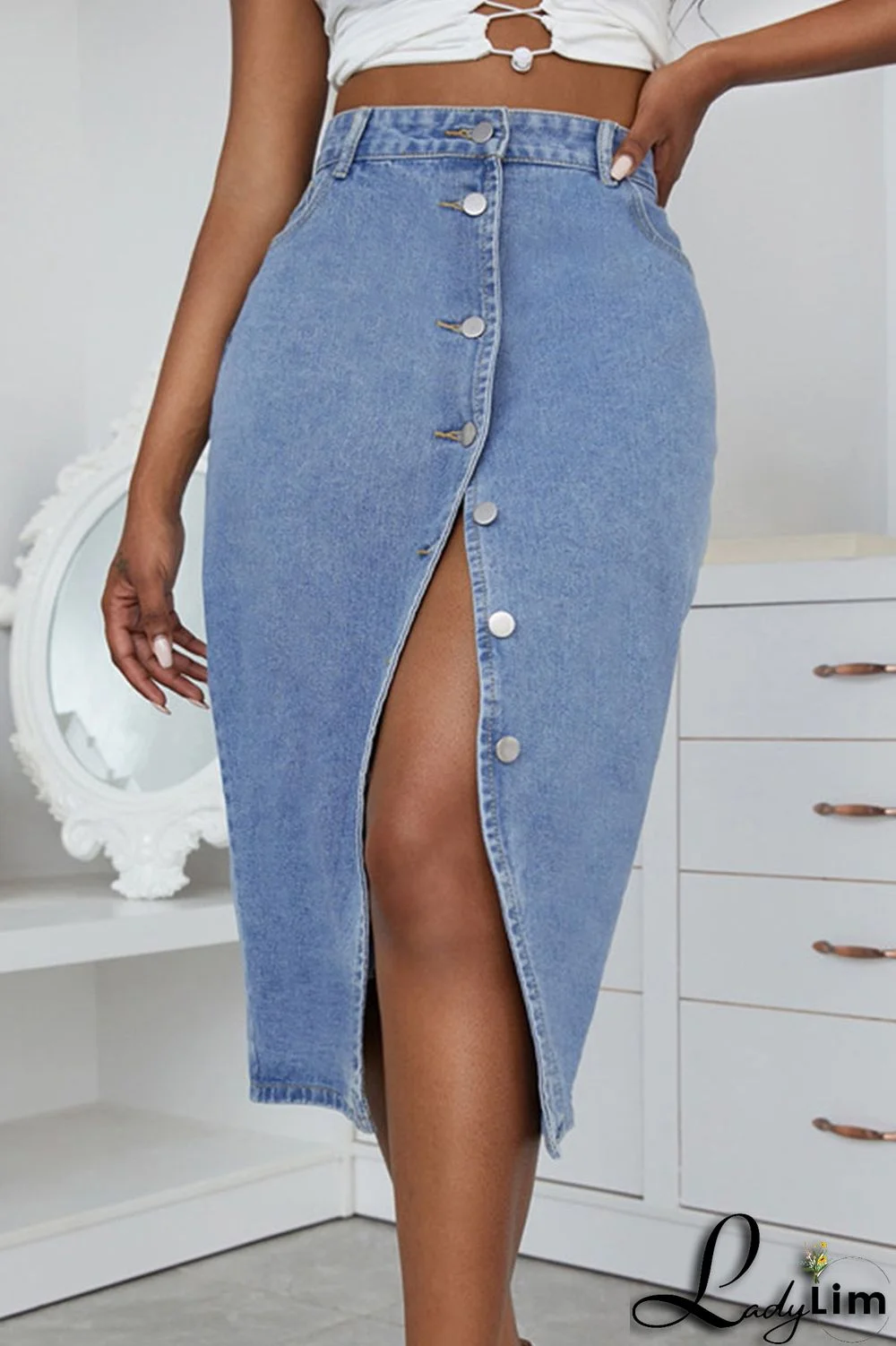 Blue Fashion Casual Solid Patchwork Buckle High Waist Straight Denim Skirts
