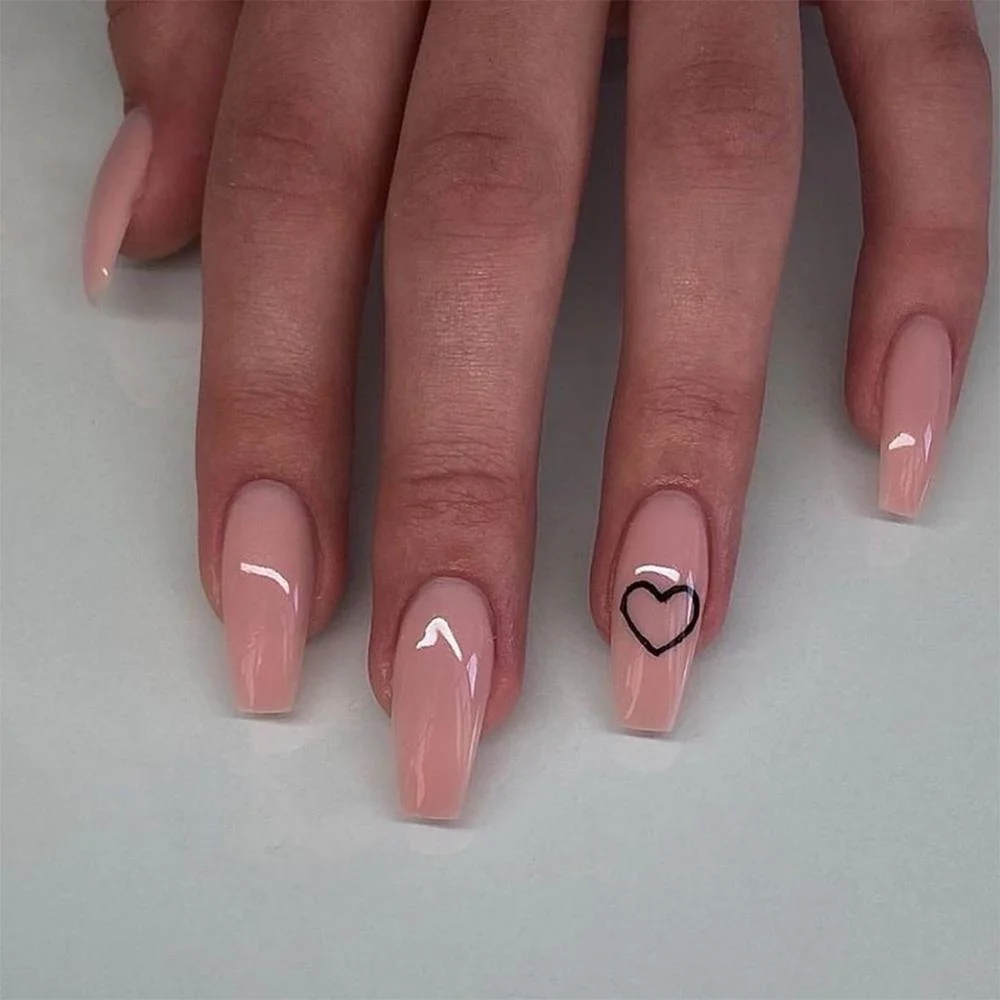 24Pcs Middle Length Ballerina Nude Pink Color False Nails Design With Heart Pattern DIY Artificial Fake Nails With Press Glue 1108