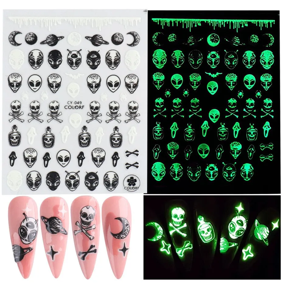 Nail Stickers Back Glue Fluorescent Light Halloween Pumpkin Imp Smiley Designs Nail Decal Decoration Tips For Beauty Salons-Nail Inspo
