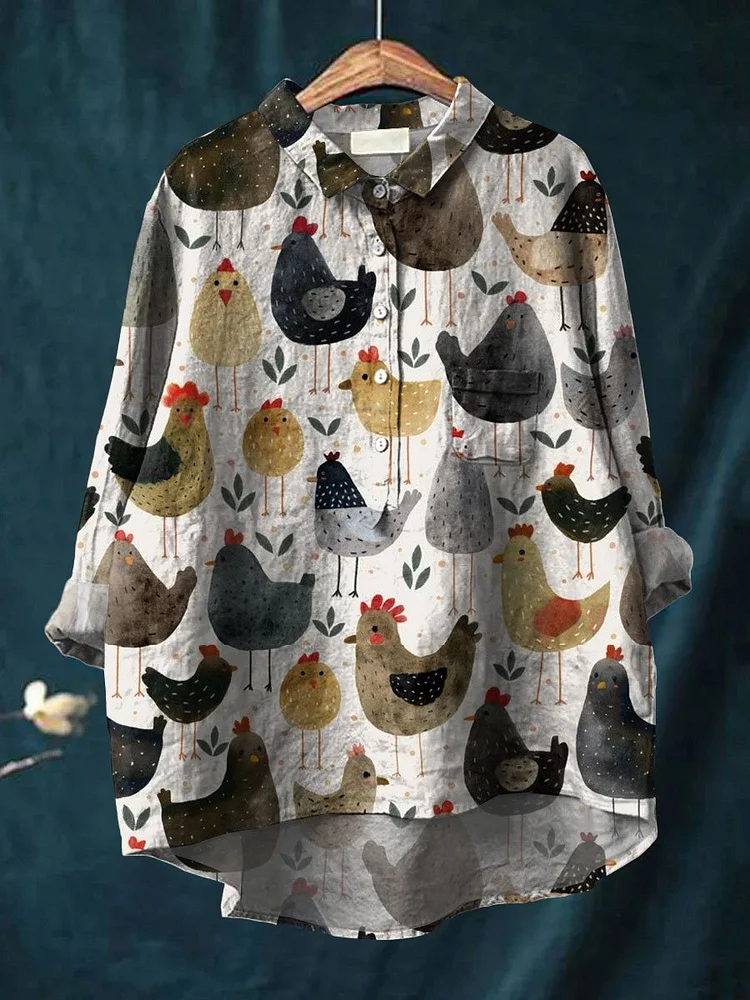 Women's Chicken Art Print Casual Cotton And Linen Shirt