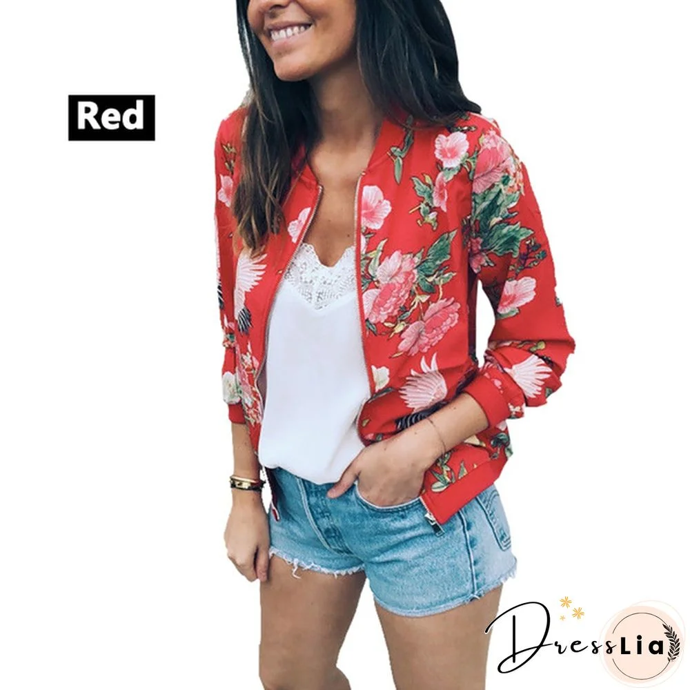 New Spring Aturmn Fashion Womens Retro Floral Zipper Bomber Jacket Baseball Casual Coat Female Tops Plus Size S-5XL