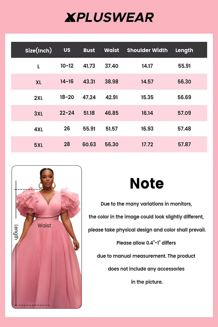 Xpluswear Design Plus Size Formal Pink V Neck Flutter Sleeve Ruffle Tiered Tulle Maxi Dresses [Pre-Order]