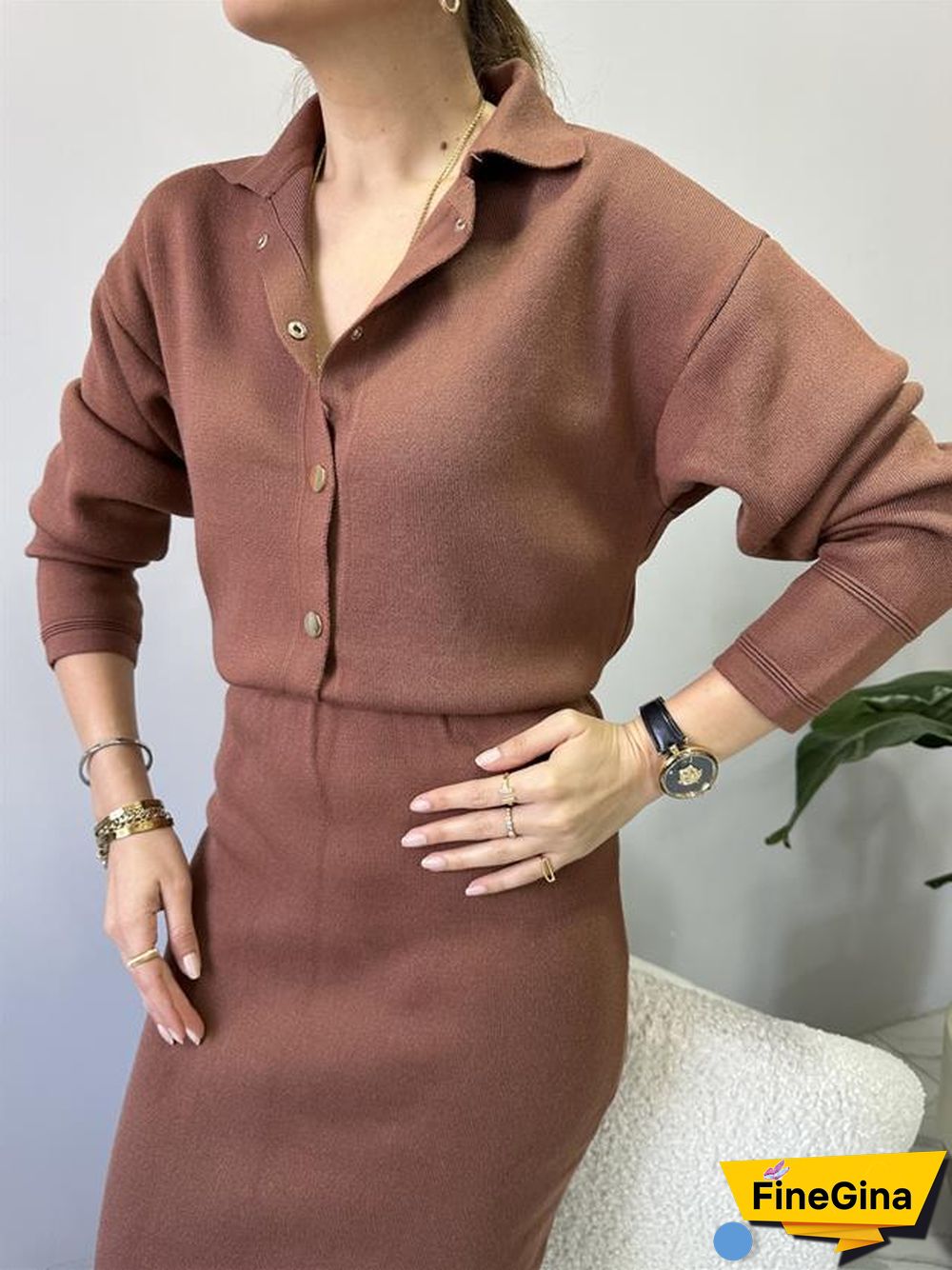 Classy V-Neck Plain Midi Sweater Dress