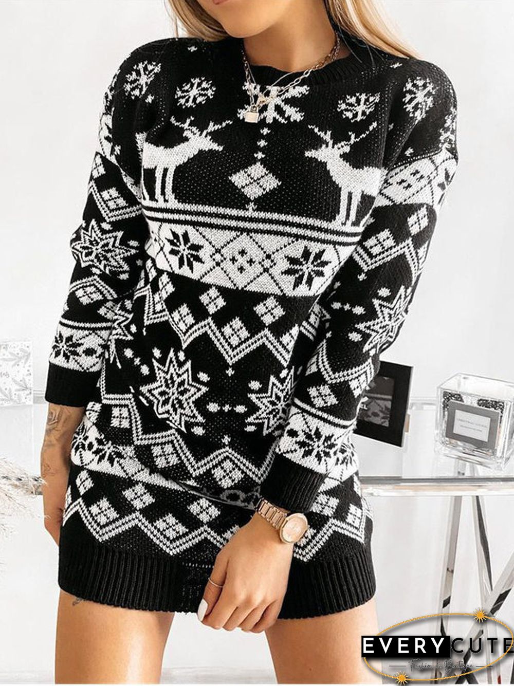 Xmas Print Knitted Sweater Dress