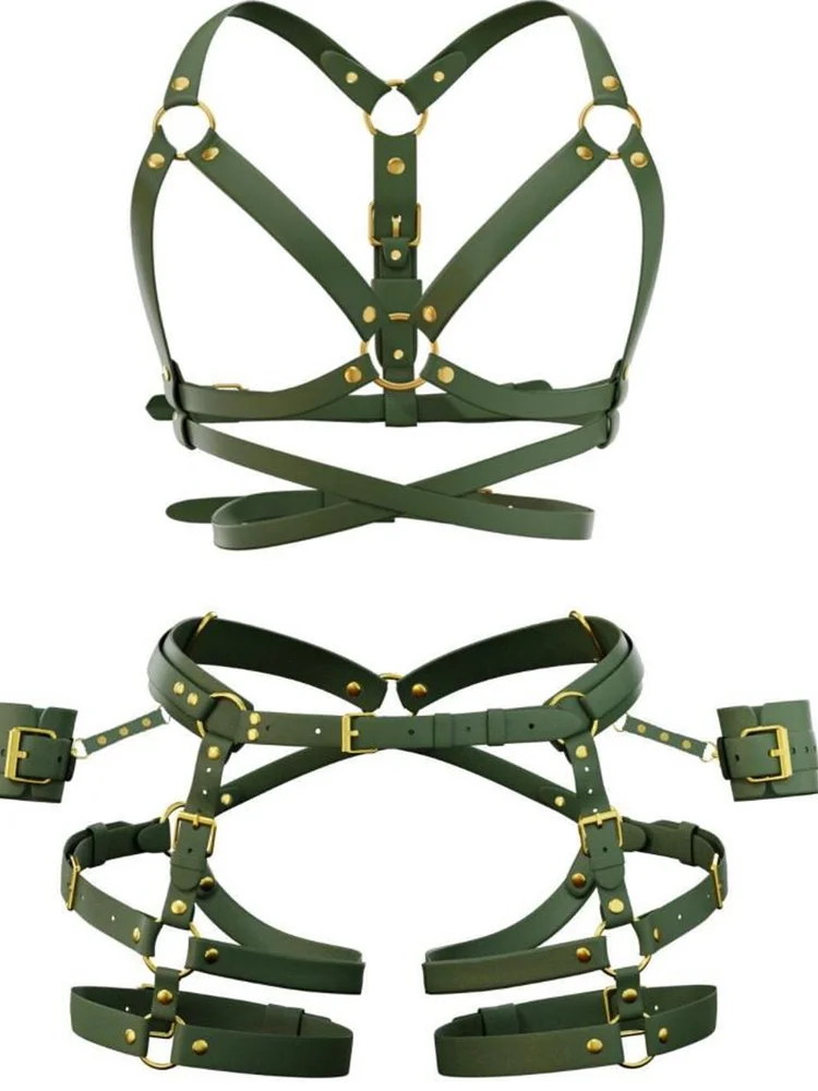 pornhint Pornhint Punk Leather Harness Set, Chain Harness, Gothic Bondage Harness, BDSM Kit, Garter Harness, BDSM Gear for Women, Thigh Cuffs, Golden Hardware leather body harnesses for women