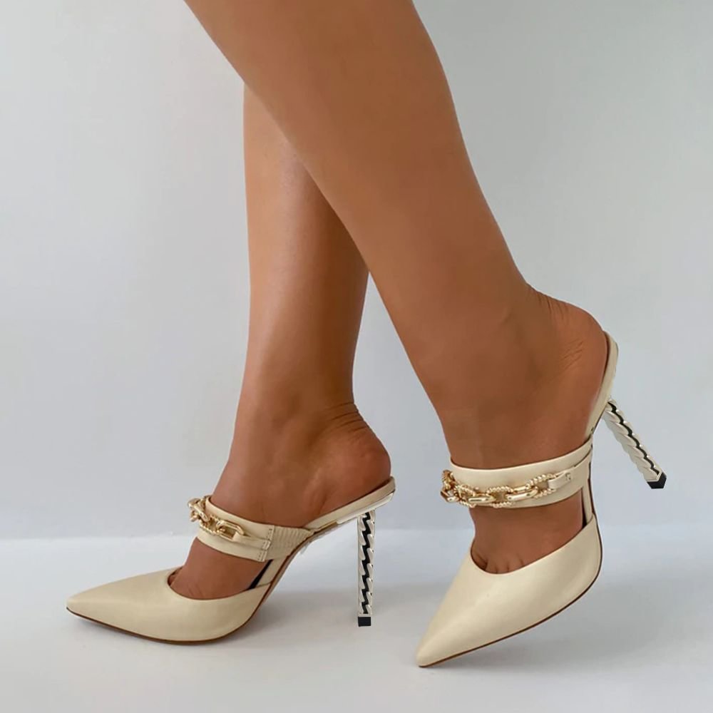 复制White Pointed Closed Toe Mules Decorative Heels With Chain Nicepairs