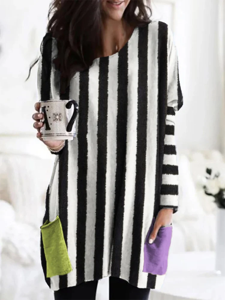 Halloween Horror Movie Inspired Striped Contrast Patch Pocket Tunic