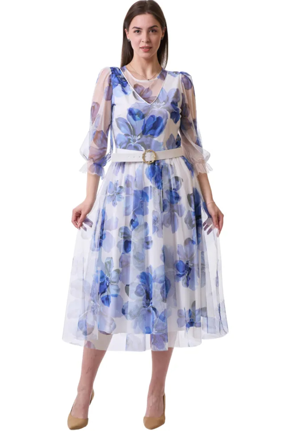 Plus Size Vacation Blue Floral Print Lantern Sleeve Belt Midi Dress 2024 - Flycurvy 