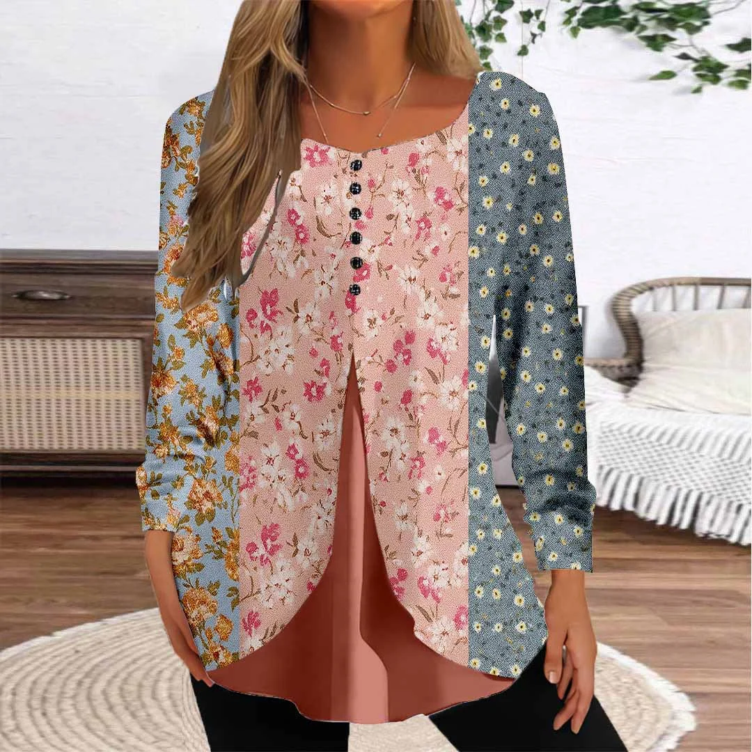 Women Floral,Colorblock,Colorful DZGG8137 Long Sleeve Scoop Neck Printed Graphic Button Fake 2in1 Tops