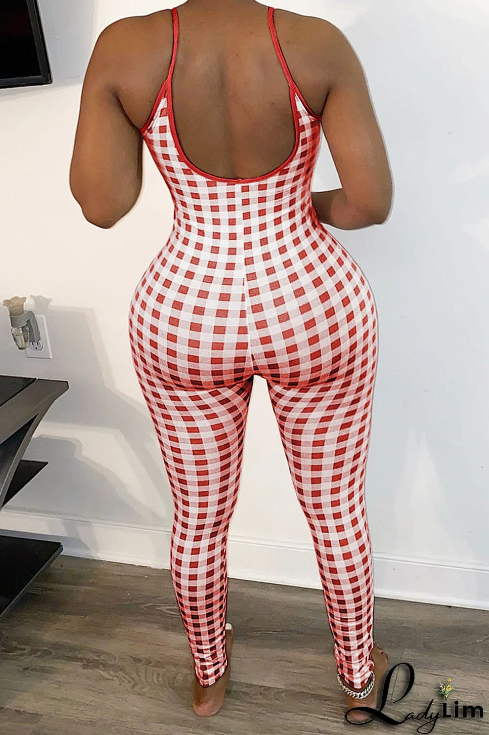 Red Sexy Plaid Print Split Joint Spaghetti Strap Regular Jumpsuits