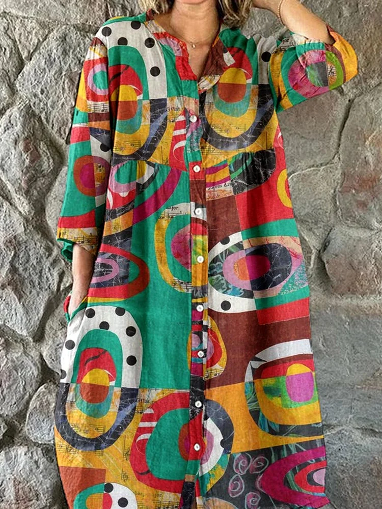 Women's Art Abstract Floral Pattern Shirt Style Cotton and Linen Dress