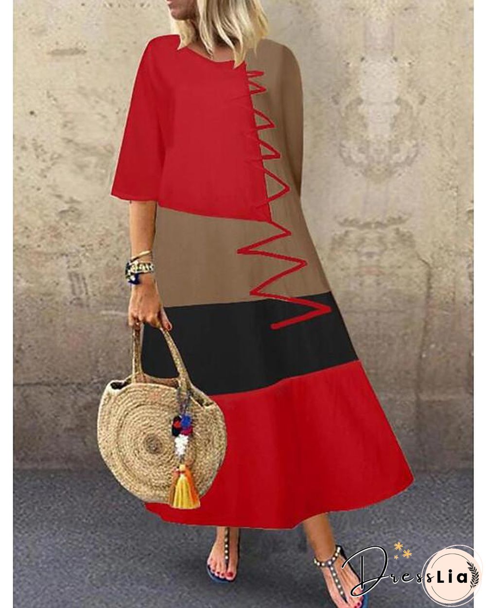 Women's Swing Dress Maxi long Dress Half Sleeve Color Block Patchwork Summer Hot Casual Cotton White Red Khaki Gray M L XL XXL 3XL 4XL 5XL White Dresses