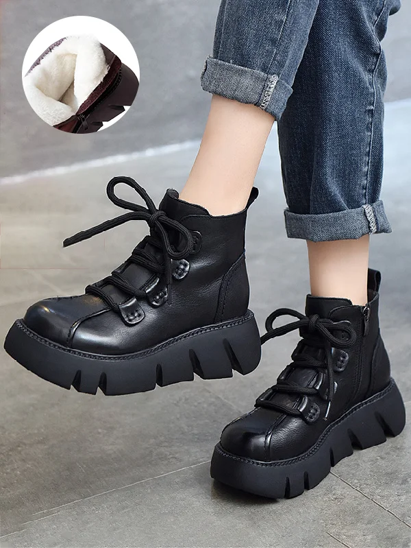 Vintage Cow Leather Wool Boots Platform Shoes