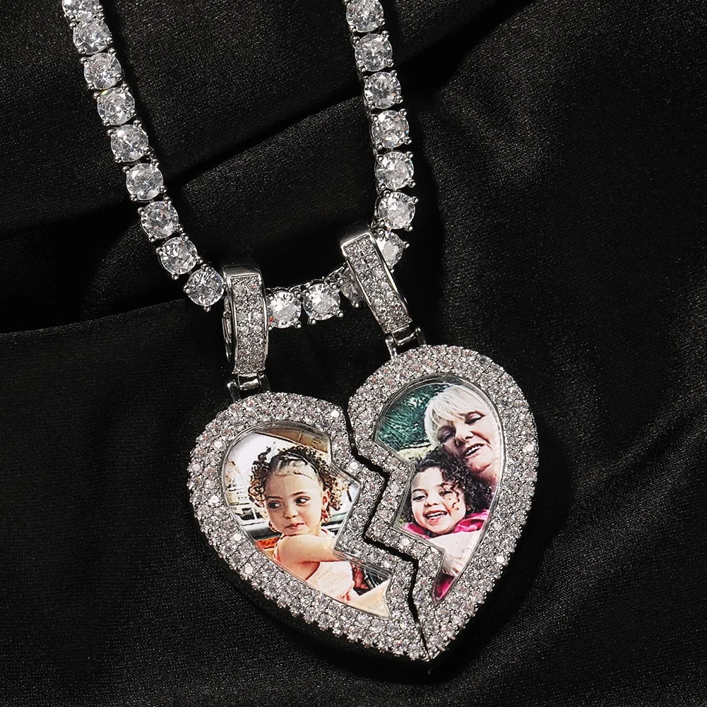 Custom Photos Iced Out Broken Heart Magnetic Frame Pendant Hiphop Necklace Jewelry-VESSFUL