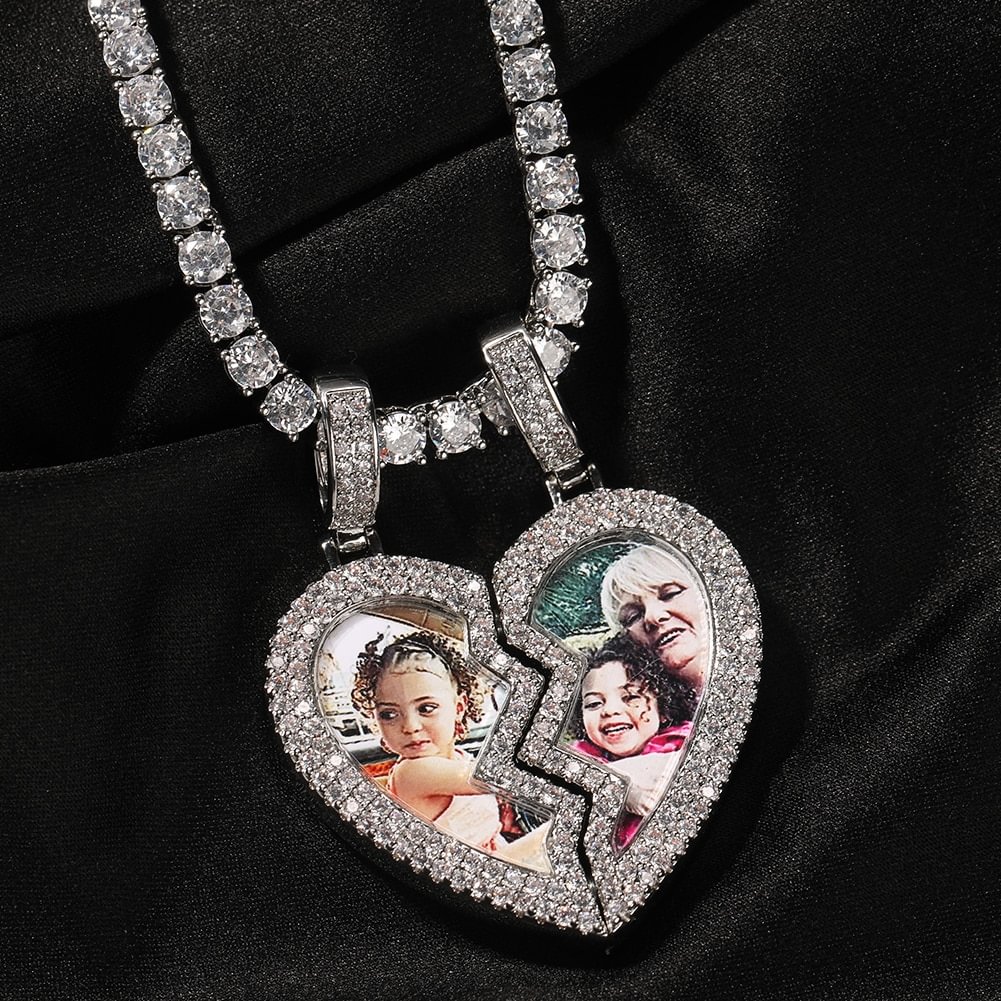 Custom Photo Iced Out Broken Heart Magnetic Frame Pendant Hiphop Necklace Jewelry-VESSFUL