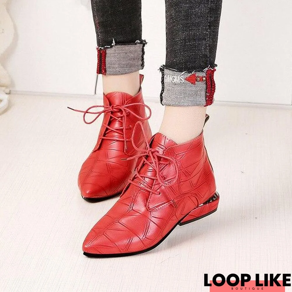 Pointed Toe Square Heel Women Boots Fashion High Heels Ankle Boots Lace Up Leather Rubber Shoes