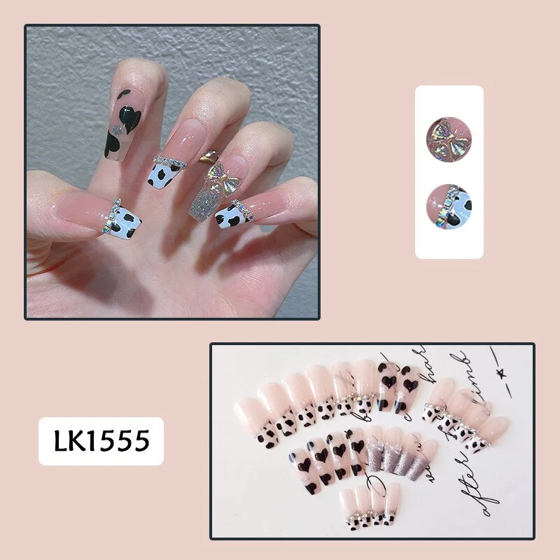 24PCS Glitter Nails Set Press On With Adhesive Strips Korean Cute Black Heart Design Fake Nails Full Coverage Nails for girls-Nail Inspo