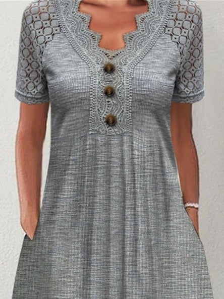 Women Half Sleeve V-neck Solid Color Dress