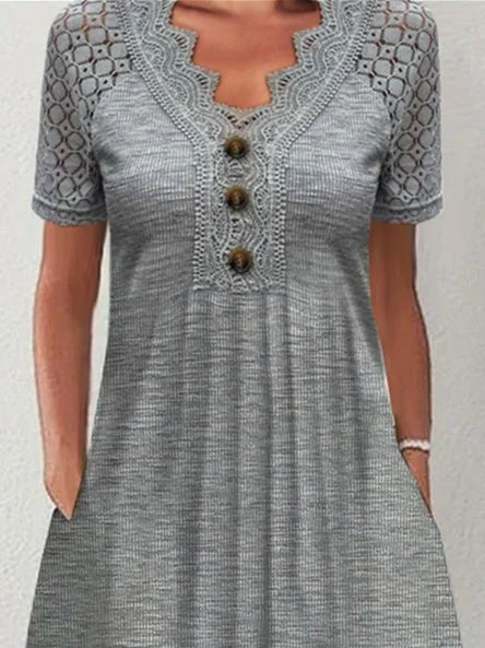 Women Half Sleeve V-neck Solid Color Dress