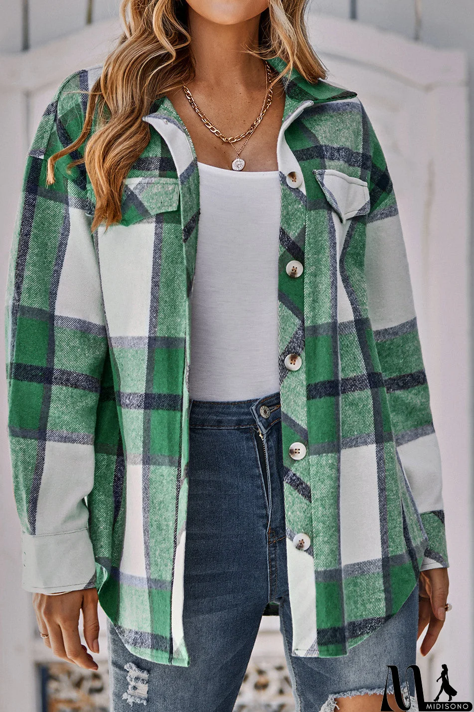 MidiSono - Casual White & Blue Plaid Shirt