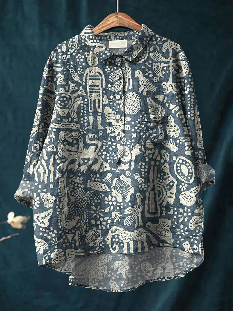 Women's Vintage Art Print Casual Cotton And Linen Shirt