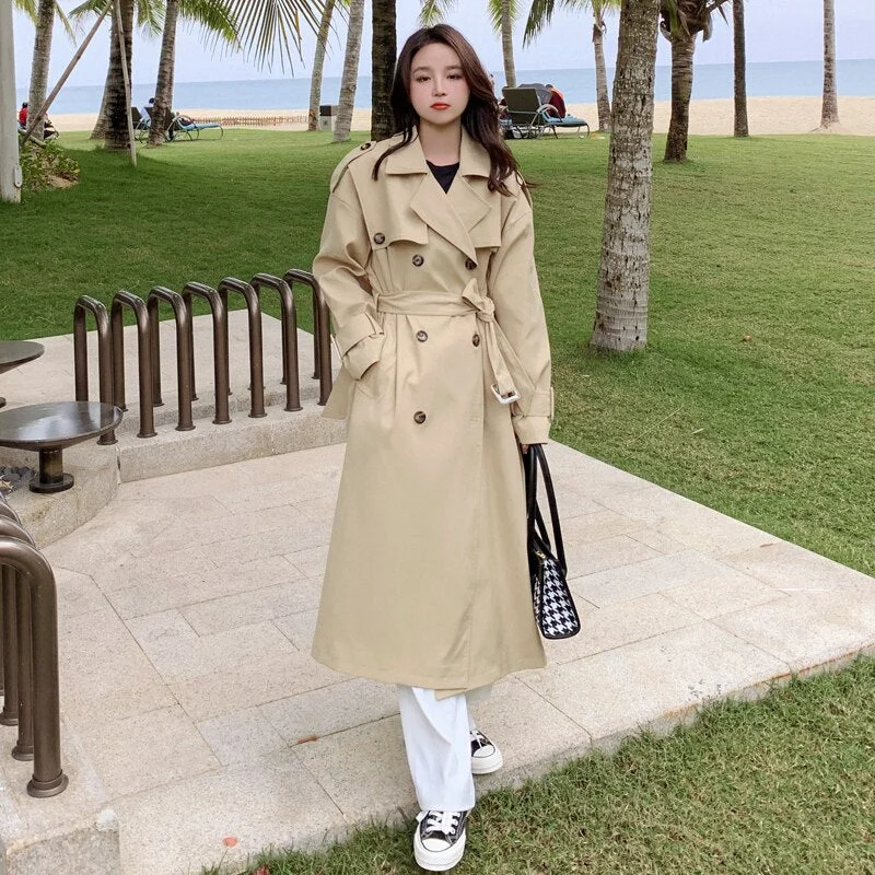 Fashion New Loose Oversize Long Trench Coat Women Double-Breasted with Belt Khaki Duster Coat for Lady Spring Autumn Outerwear