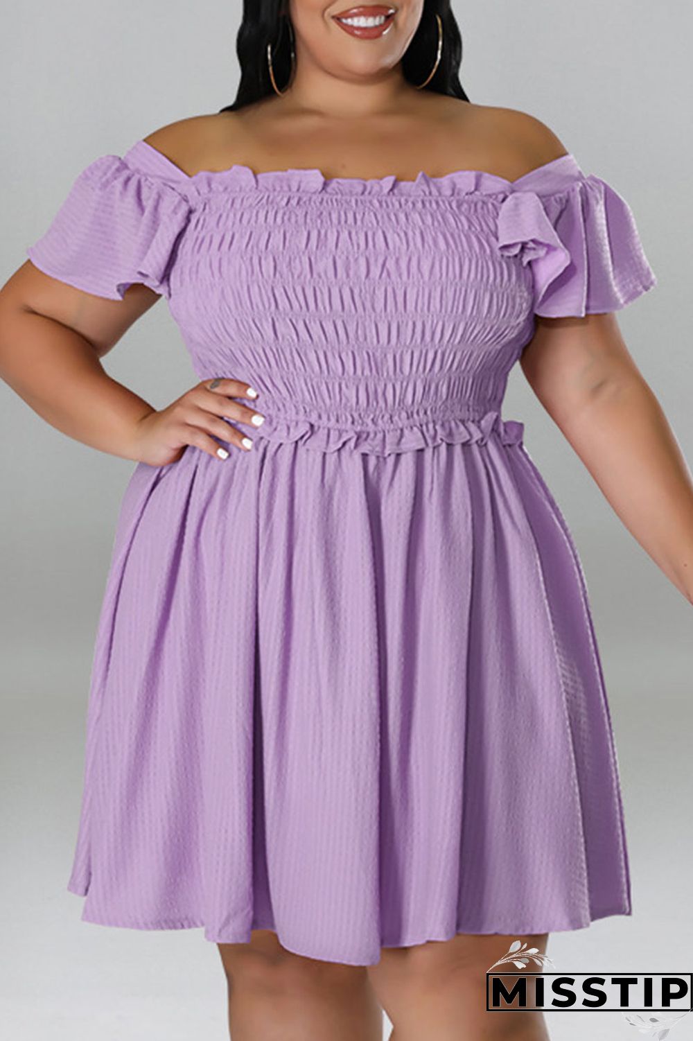 Rose Red Casual Sweet Solid Patchwork Fold Off the Shoulder A Line Plus Size Dresses