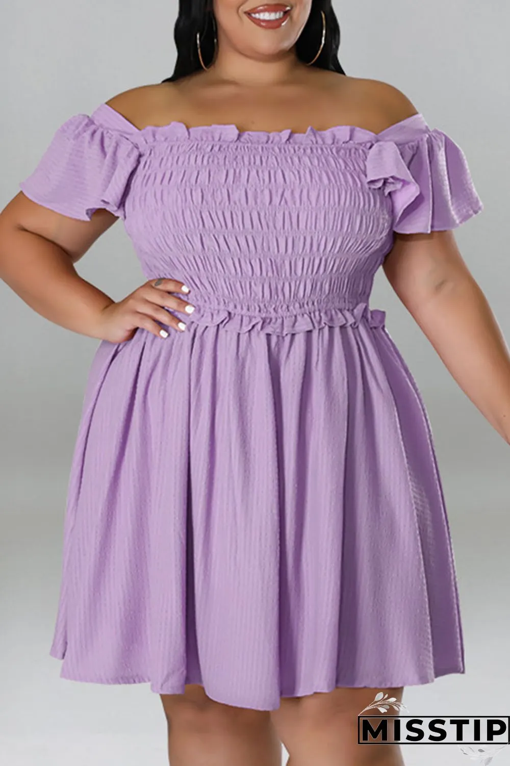 Rose Red Casual Sweet Solid Patchwork Fold Off the Shoulder A Line Plus Size Dresses