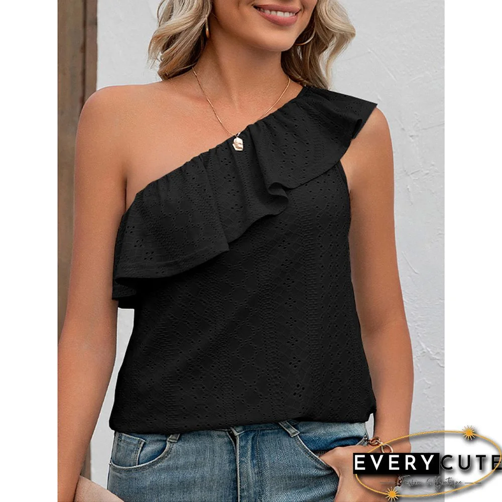 Black Ruffled One Shoulder Tank Tops