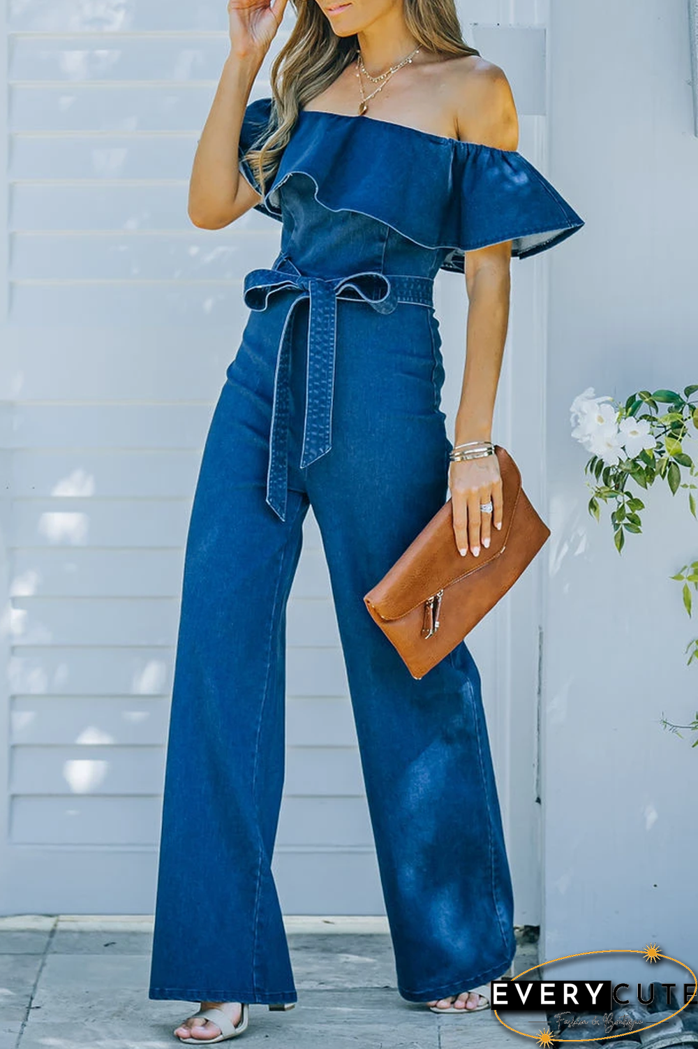 Off The Shoulder Denim Jumpsuit(Presale)