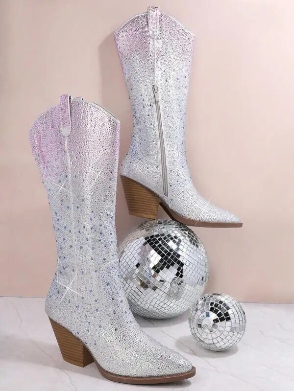 VCshoes Women Silver Rhinestone Boots Knee High Western Cowgirl Boots Glitter Bling Shiny Pointed Toe Block Heel Lady Booties 44