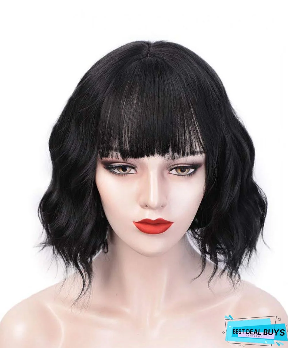 Women's Short Curly Hair Wig Headgear with Bangs Wigs Chemical Fiber Wig Headgear