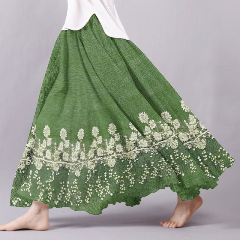 Women's Vintage Floral Print Art Linen Blend Flowy Skirt artswardrobe