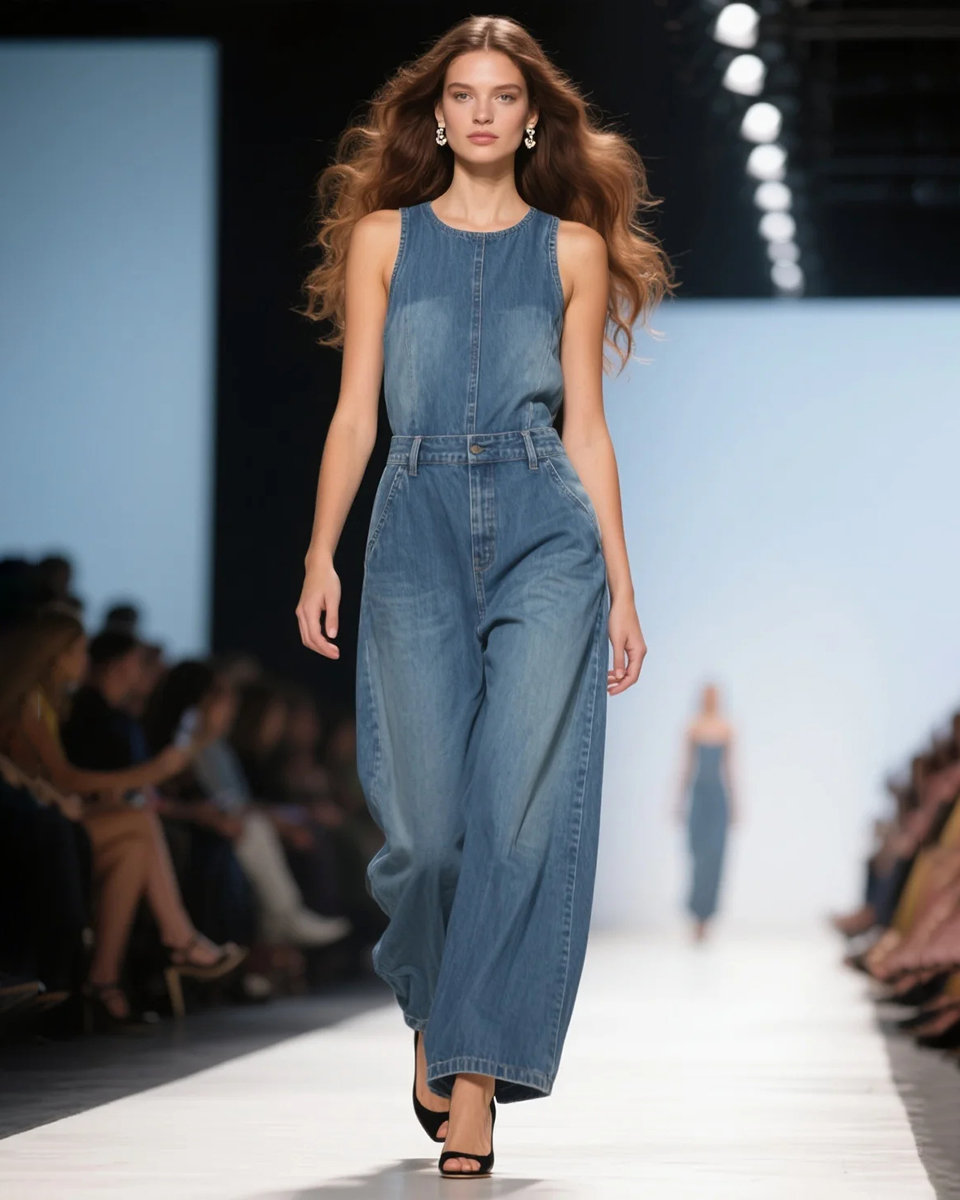 Women's Fashion Elegant Round Neck Sleeveless High Waist Denim Jumpsuit