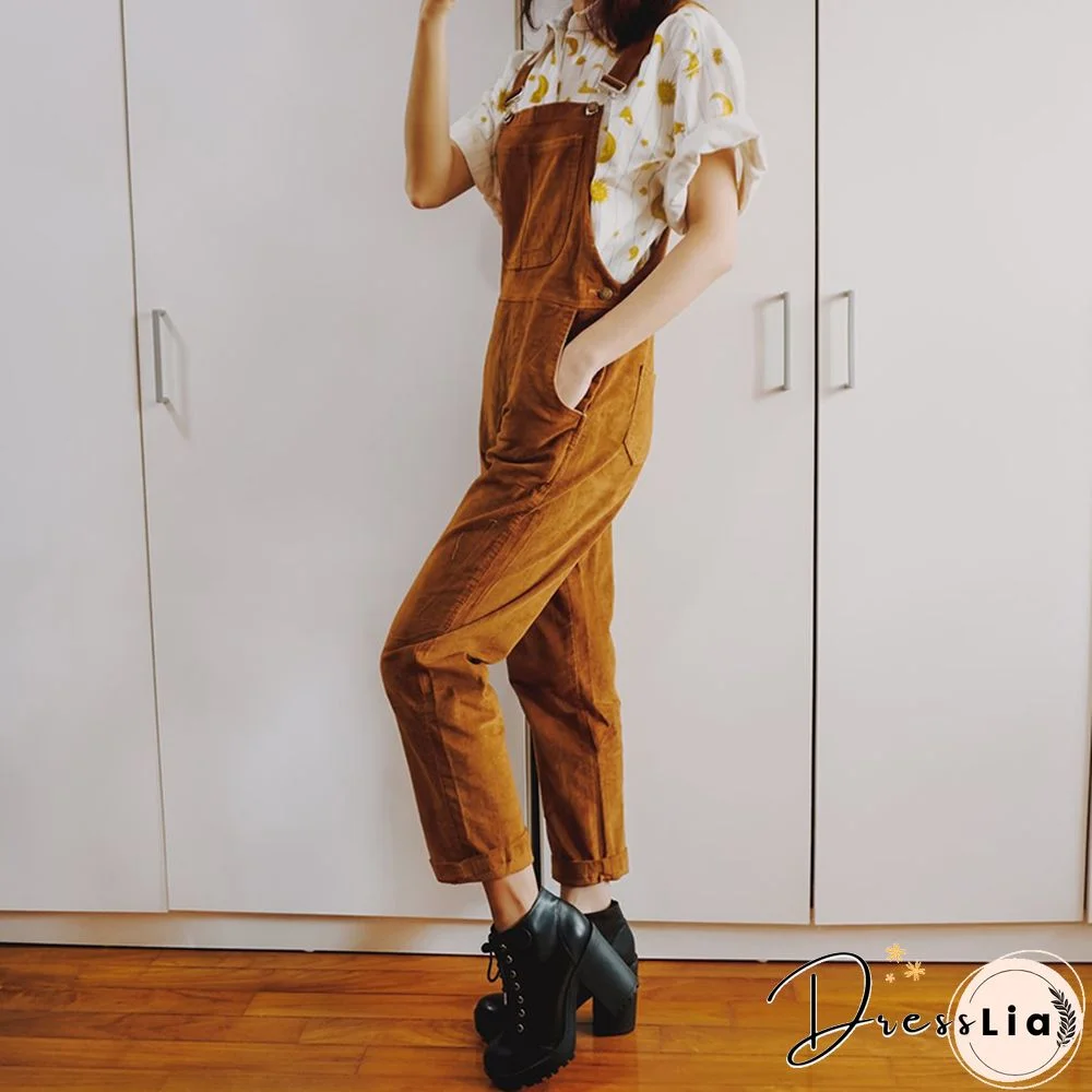 Ladies Casual Retro Corduroy Loose Jumpsuit Trousers