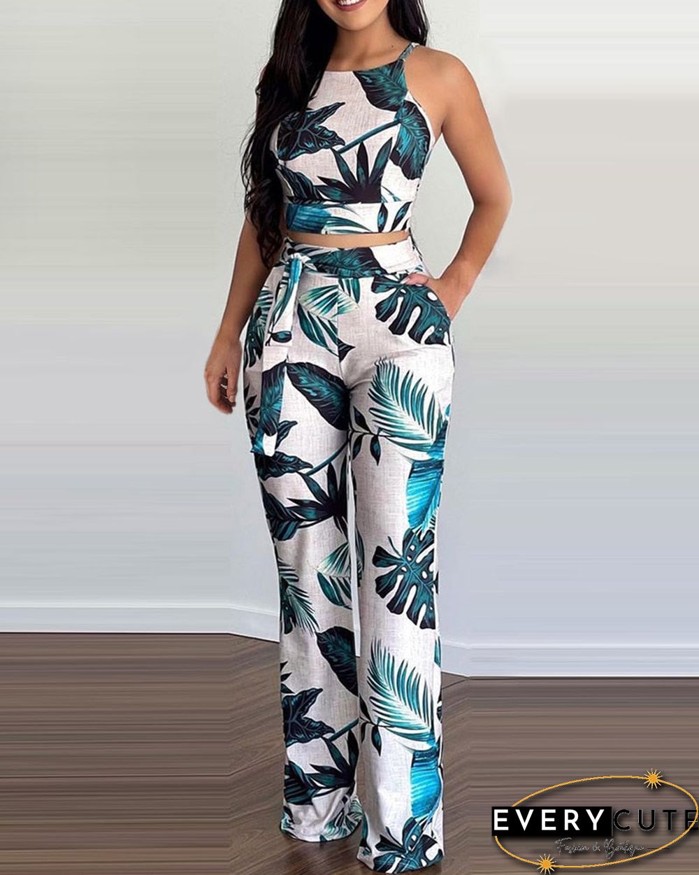 Women Summer Spring Casual Sleeveless Tropical Print Crop Top & Long Pants Set Vacation 2PCS Set