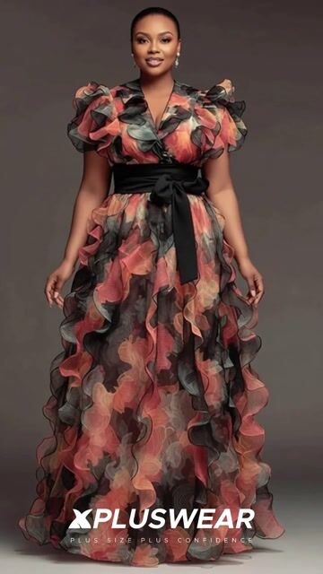 Xpluswear Design Plus Size Wedding Guest Pink Floral Wrap Neck Short Sleeve Ruffle Contrast Chiffon Maxi Dresses 2024 - Xpluswear
