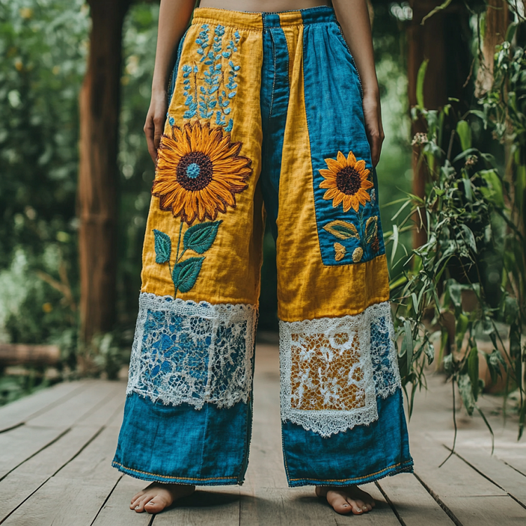 Utbros Vintage Bohemian Sunflower With Lace Patchwork Embroidered Art Printed Cotton Linen Wide Leg Pants