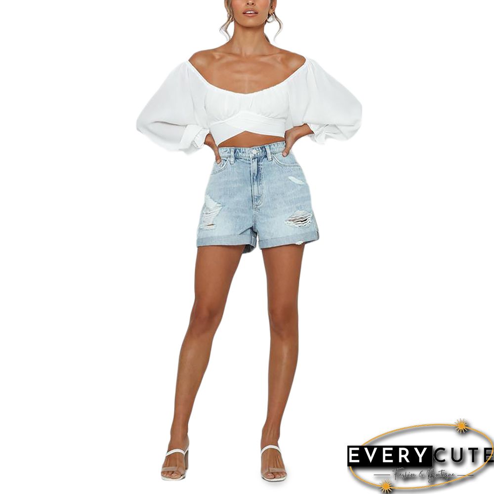 White Long Sleeve Off Shoulder Crop Tops