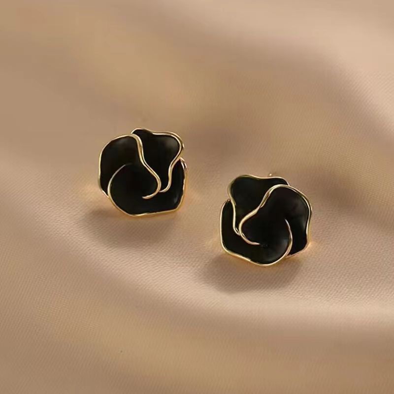 Krillerbot Vintage Black Enamel Flower Earrings – Unique Multi-Layer Floral Stud Earrings for Women  