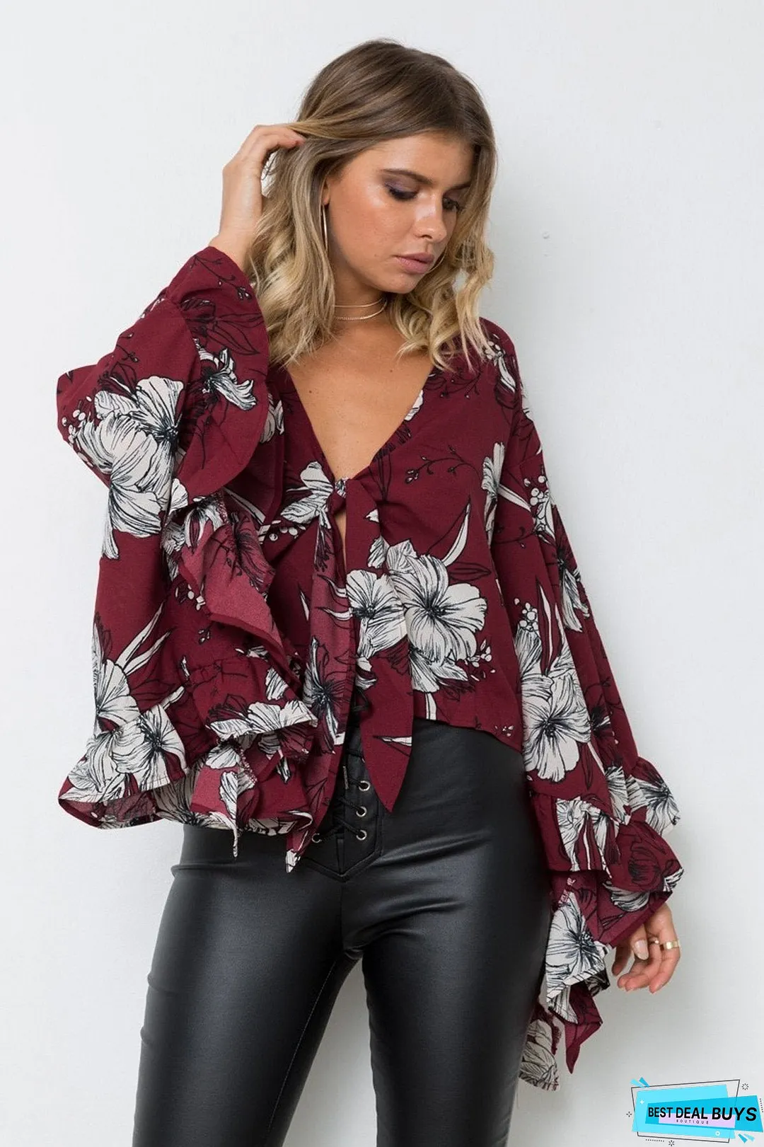Flared Sleeve Ruffled Irregular V-Neck Top