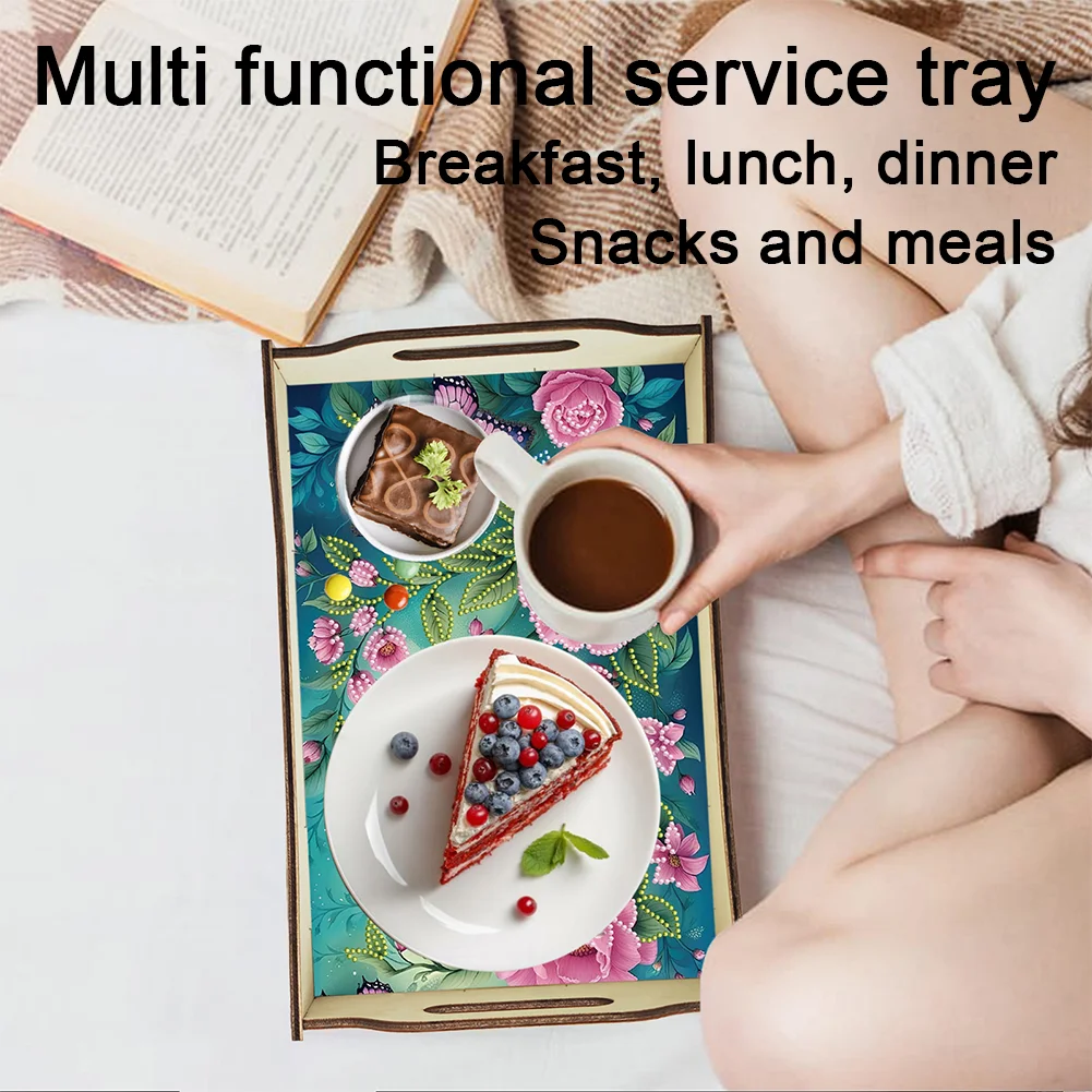 DIY Diamond Painted Dining Plate with Handle Wooden Food Tray Home Decor Gift