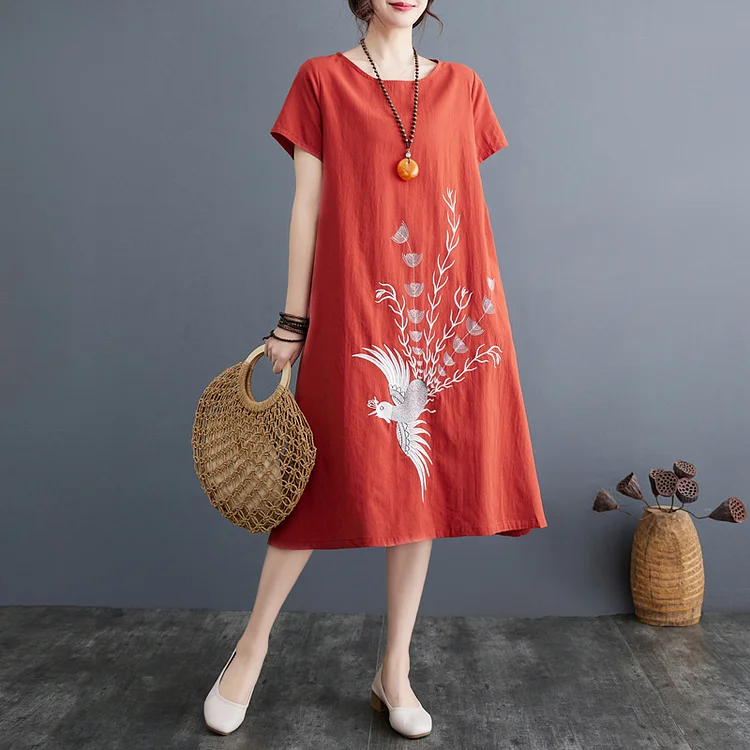 Loose Embroidery A-line  Cotton Linen Short-Sleeved Midi Dress