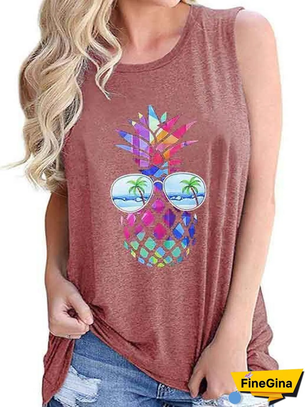 Women's Loose Sleeveless Round Neck Coloured Print T-shirt