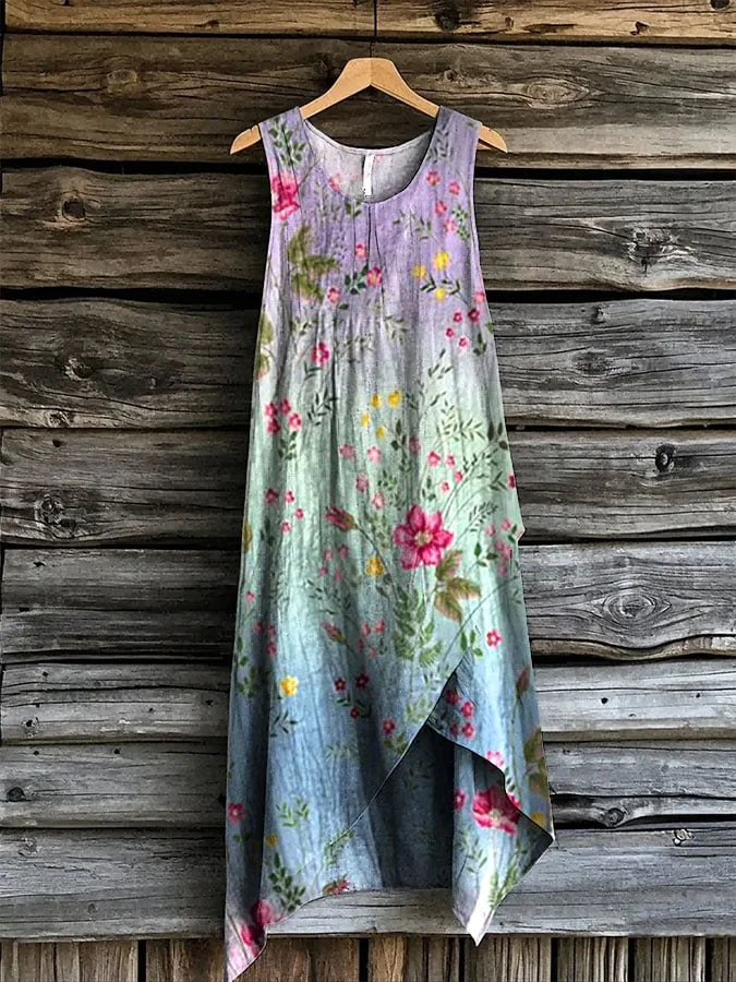 Women's vintage floral print linen blend vest skirt 
